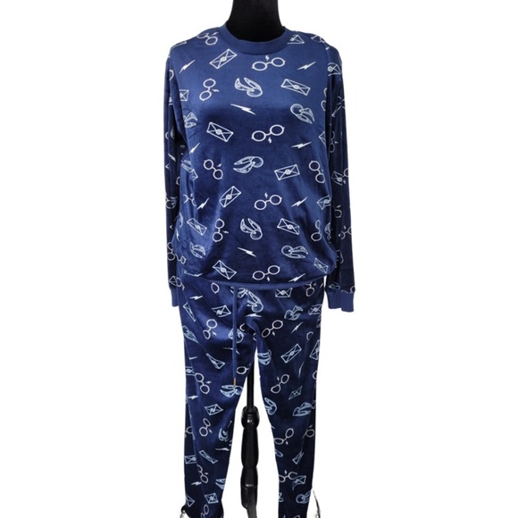 NWOT Harry Potter Fleece PJ navy blue jogger pants and long sleeve short size L - Picture 1 of 10